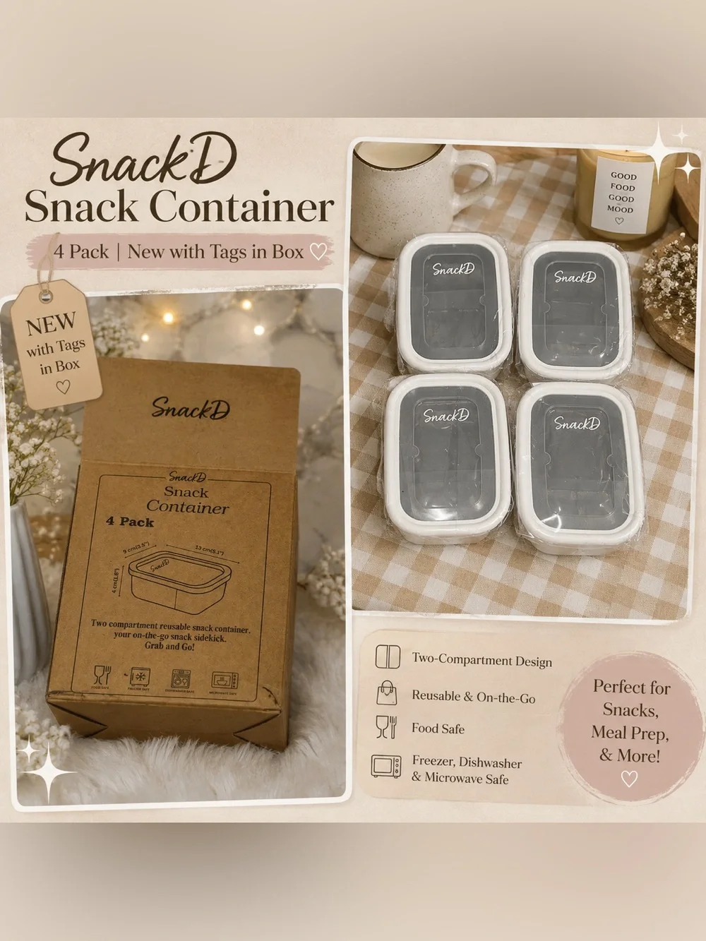 NWT SnackD 4-Pack Reusable 2-Compartment Snack Containers